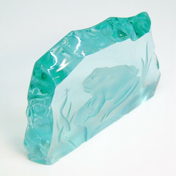 Etched Art Glass Frog & Bug Pond Artist Signed Scrivner Plaque Paperweight Decor - Picture 3 of 9